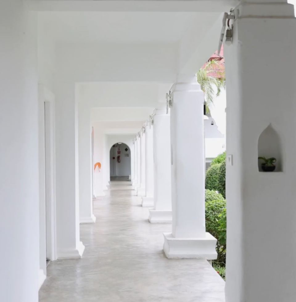 The pillared walkway at Amaravati Healing Center